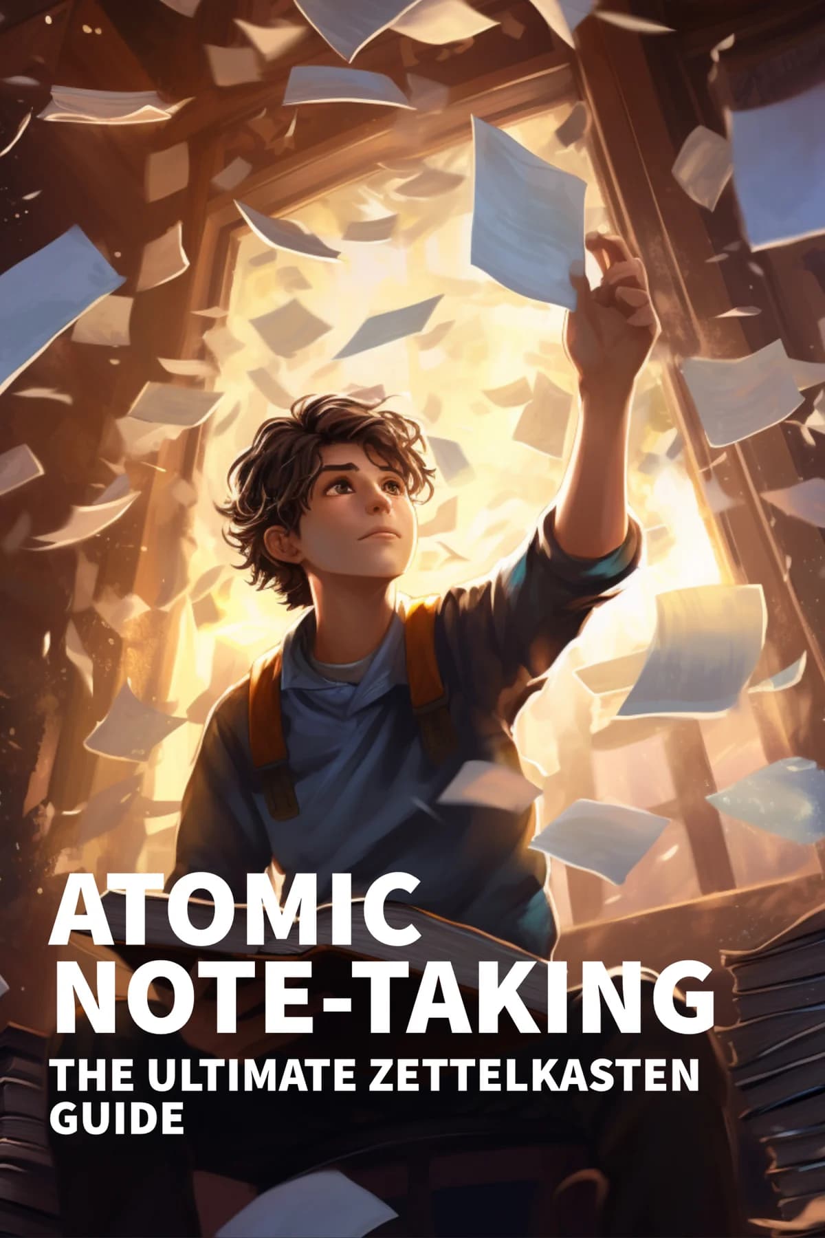 Atomic Note-Taking book cover: a young reader reaches for a flying page amid swirling pages and golden light.